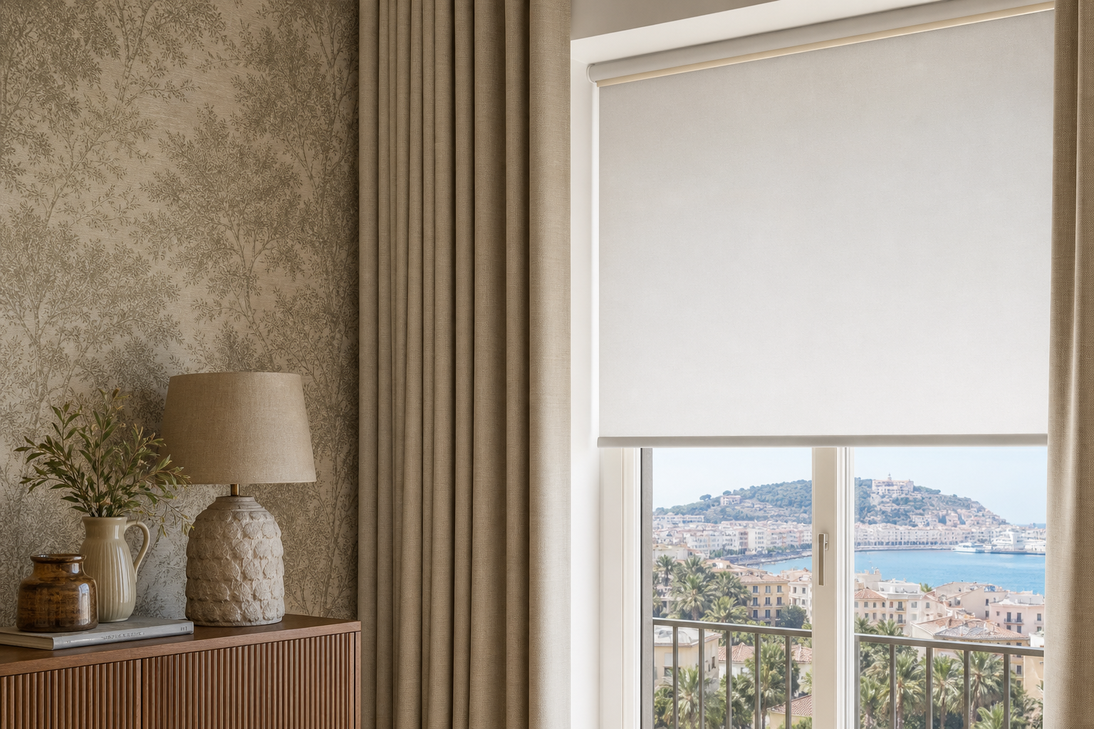 Combinación de papel pintado, estores y cortinas en un interior elegante