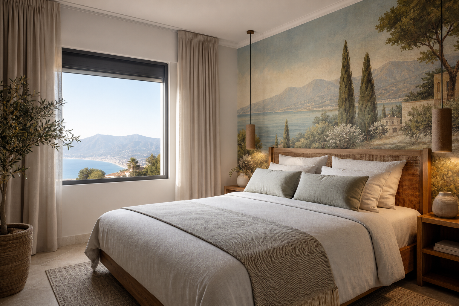 Dormitorio de apartamento turístico con mural decorativo y cortinas a medida