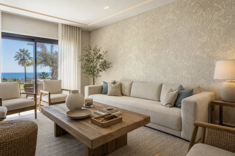 Salón mediterráneo con papel pintado, estores y cortinas a medida en Málaga