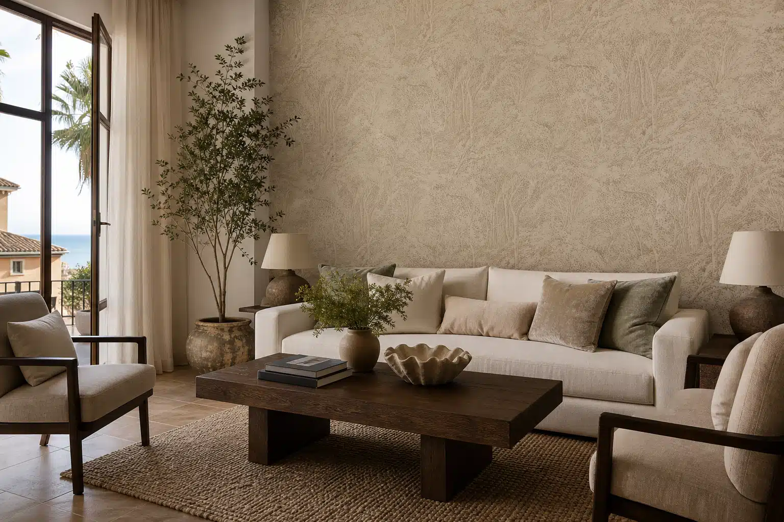 Salón elegante con papel pintado tradicional texturado como alternativa al papel adhesivo